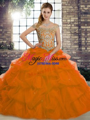 Tulle Off The Shoulder Sleeveless Brush Train Lace Up Beading and Pick Ups 15th Birthday Dress in Rust Red