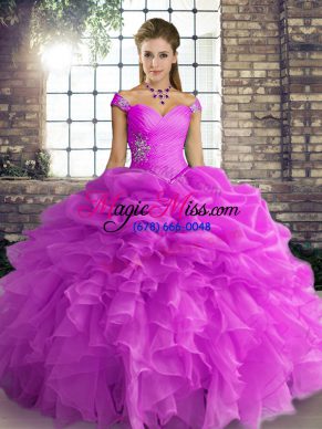 Lilac Ball Gowns Organza Off The Shoulder Sleeveless Beading and Ruffles and Pick Ups Floor Length Lace Up Quinceanera Gowns