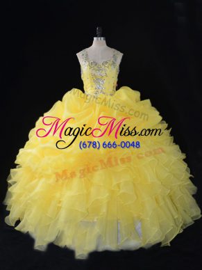 Hot Selling Yellow Straps Zipper Beading and Ruffles and Pick Ups Ball Gown Prom Dress Sleeveless