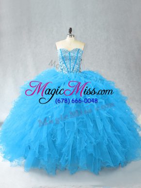 Hot Selling Baby Blue Lace Up Sweetheart Beading and Ruffles 15 Quinceanera Dress Tulle Sleeveless