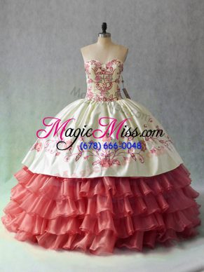 White And Red Lace Up Sweetheart Embroidery and Ruffled Layers Quinceanera Gown Satin and Organza Sleeveless