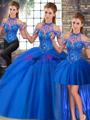 Best Blue Sleeveless Beading and Pick Ups Lace Up 15 Quinceanera Dress