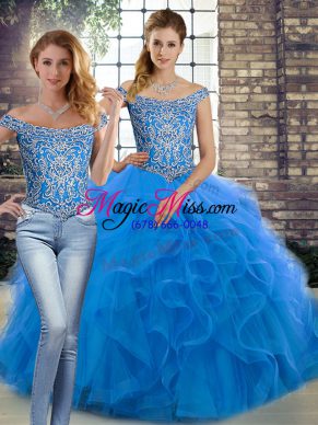 Off The Shoulder Sleeveless Brush Train Lace Up Sweet 16 Dress Blue Tulle