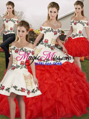 Artistic Sleeveless Floor Length Embroidery and Ruffles Lace Up 15 Quinceanera Dress with White And Red