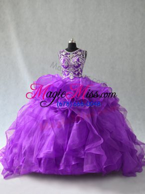 Purple Lace Up Sweet 16 Dresses Beading and Ruffles Sleeveless Floor Length