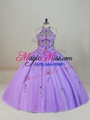 Fitting Beading and Embroidery Quince Ball Gowns Lavender Lace Up Sleeveless Brush Train