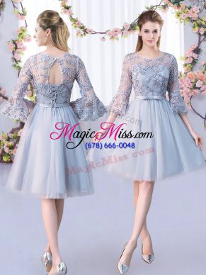 Amazing 3 4 Length Sleeve Lace Up Knee Length Lace and Belt Bridesmaid Gown