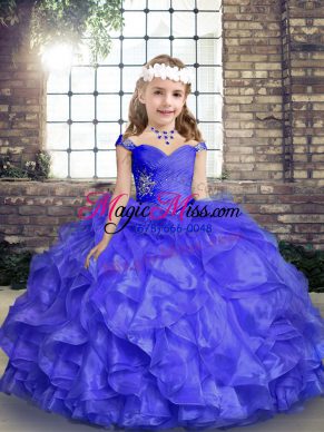 Blue Straps Neckline Beading and Ruffles Little Girl Pageant Gowns Sleeveless Lace Up