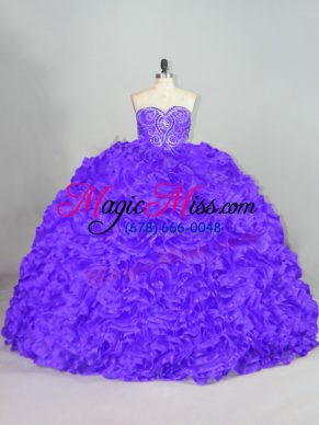 Ideal Purple Ball Gowns Fabric With Rolling Flowers Sweetheart Sleeveless Beading Lace Up 15 Quinceanera Dress Court Train