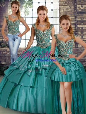 Extravagant Teal Three Pieces Taffeta Straps Sleeveless Beading and Ruffled Layers Floor Length Lace Up Sweet 16 Dress