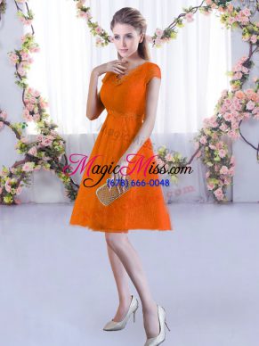 Orange Red A-line V-neck Cap Sleeves Lace Mini Length Lace Up Lace Quinceanera Dama Dress