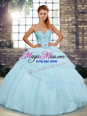 Noble Light Blue Lace Up Sweetheart Beading and Ruffled Layers Quinceanera Dresses Tulle Sleeveless Brush Train