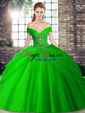 Green Sleeveless Tulle Brush Train Lace Up Quince Ball Gowns for Military Ball and Sweet 16 and Quinceanera