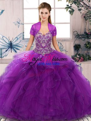 Purple Sleeveless Beading and Ruffles Floor Length 15th Birthday Dress