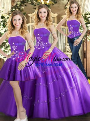 Strapless Sleeveless Lace Up 15 Quinceanera Dress Purple Tulle