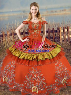 Rust Red Ball Gowns Embroidery Quinceanera Dress Lace Up Satin and Organza Sleeveless Floor Length