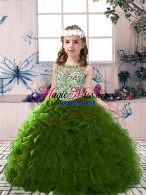 High Quality Olive Green Lace Up Girls Pageant Dresses Beading and Ruffles Sleeveless Floor Length