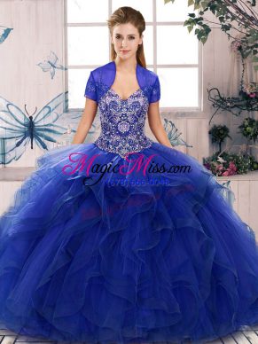 Admirable Royal Blue Off The Shoulder Neckline Beading and Ruffles Sweet 16 Dress Sleeveless Lace Up