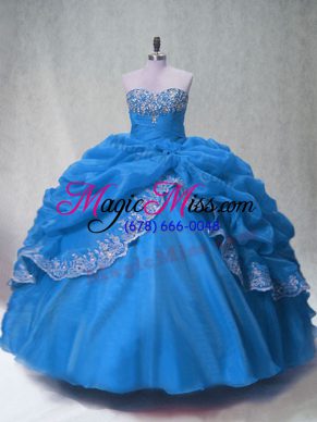 Blue Sleeveless Floor Length Beading and Appliques and Pick Ups Lace Up Ball Gown Prom Dress