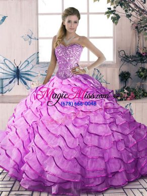 Luxurious Beading and Ruffles Quinceanera Dresses Lilac Lace Up Sleeveless Brush Train