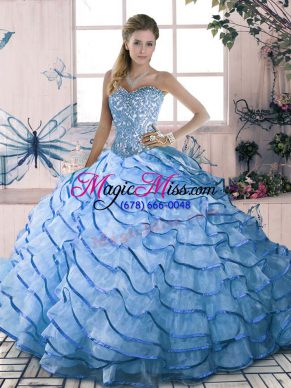 Adorable Blue Sweetheart Neckline Beading and Ruffles Quinceanera Dress Sleeveless Lace Up