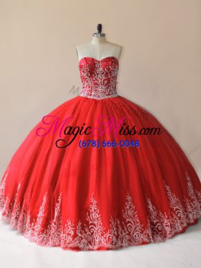 Stylish Red Tulle Lace Up Sweet 16 Dress Sleeveless Floor Length Embroidery