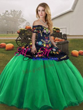 Beauteous Turquoise Ball Gowns Off The Shoulder Sleeveless Tulle Floor Length Lace Up Embroidery Sweet 16 Quinceanera Dress