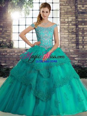 Turquoise Sleeveless Tulle Brush Train Lace Up Ball Gown Prom Dress for Military Ball and Sweet 16 and Quinceanera