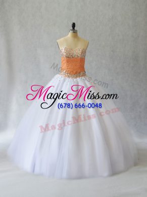 White Sleeveless Floor Length Beading Lace Up Vestidos de Quinceanera