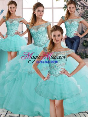 Off The Shoulder Sleeveless Tulle Ball Gown Prom Dress Beading and Ruffles Lace Up