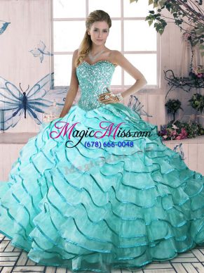 Dramatic Aqua Blue Sleeveless Beading and Ruffled Layers Lace Up 15th Birthday Dress