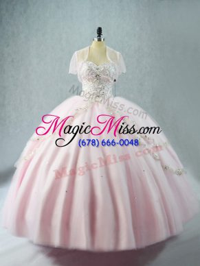 Sleeveless Tulle Floor Length Lace Up Ball Gown Prom Dress in Pink with Beading