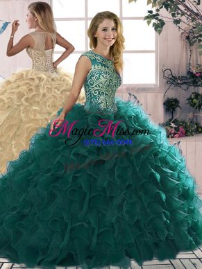 Nice Peacock Green Lace Up Scoop Beading and Ruffles 15 Quinceanera Dress Organza Sleeveless