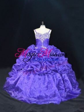 Straps Sleeveless Organza Quinceanera Gowns Beading and Pick Ups Brush Train Lace Up