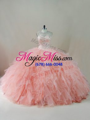 Fitting Sleeveless Floor Length Beading and Ruffles Lace Up Quinceanera Dresses with Peach