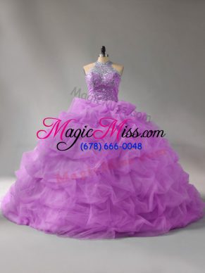 Lilac Sleeveless Organza Court Train Lace Up 15 Quinceanera Dress for Sweet 16 and Quinceanera