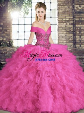 Sweet Floor Length Hot Pink Quinceanera Dress Tulle Sleeveless Beading and Ruffles