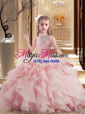 High End Floor Length Ball Gowns Sleeveless Pink Kids Formal Wear Lace Up
