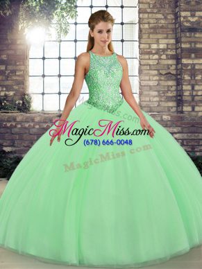 Green Ball Gowns Tulle Scoop Sleeveless Embroidery Floor Length Lace Up Vestidos de Quinceanera