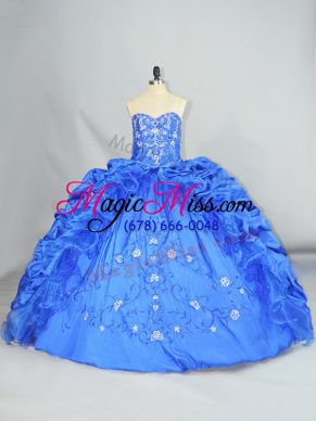 Blue Sweet 16 Quinceanera Dress Sweet 16 and Quinceanera with Embroidery and Pick Ups Sweetheart Sleeveless Lace Up