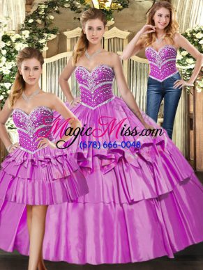 Romantic Floor Length Lilac Sweet 16 Dresses Satin Sleeveless Beading and Ruffled Layers