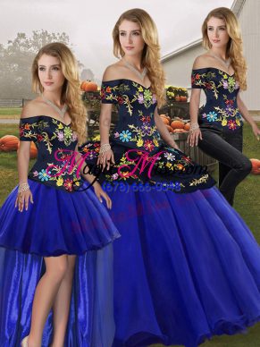 Fashion Sleeveless Tulle Floor Length Lace Up Sweet 16 Dresses in Royal Blue with Embroidery