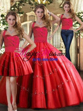 Red Lace Up Sweet 16 Dresses Appliques Sleeveless Floor Length