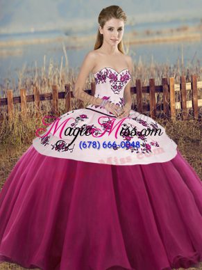 New Arrival Fuchsia Tulle Lace Up Sweetheart Sleeveless Floor Length Vestidos de Quinceanera Embroidery and Bowknot