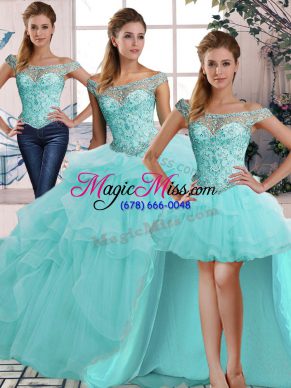 Adorable Off The Shoulder Sleeveless Lace Up Vestidos de Quinceanera Aqua Blue Tulle