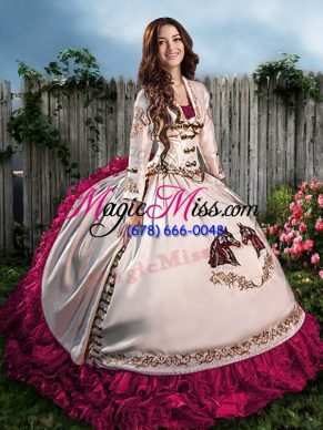 Customized Satin Sweetheart Sleeveless Lace Up Embroidery and Ruffles Quinceanera Gown in Hot Pink