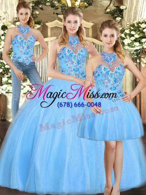 Low Price Floor Length Three Pieces Sleeveless Baby Blue Sweet 16 Dresses Lace Up