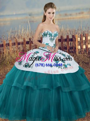 Eye-catching Embroidery and Bowknot 15 Quinceanera Dress Teal Lace Up Sleeveless Floor Length