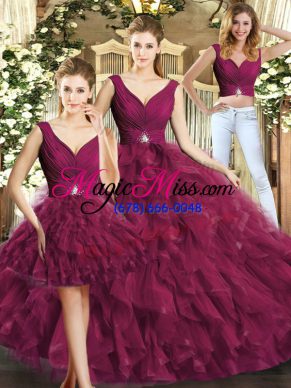 New Style Burgundy V-neck Neckline Beading and Ruffles Sweet 16 Dresses Sleeveless Backless