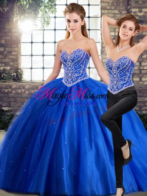 Dramatic Blue Sweetheart Neckline Beading Vestidos de Quinceanera Sleeveless Lace Up